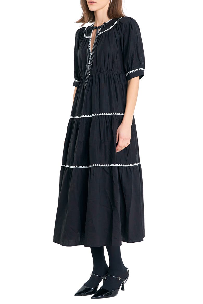 Embroidered Puff Sleeve Tiered Midi Dress, Alternate, color, BLACK/ WHITE