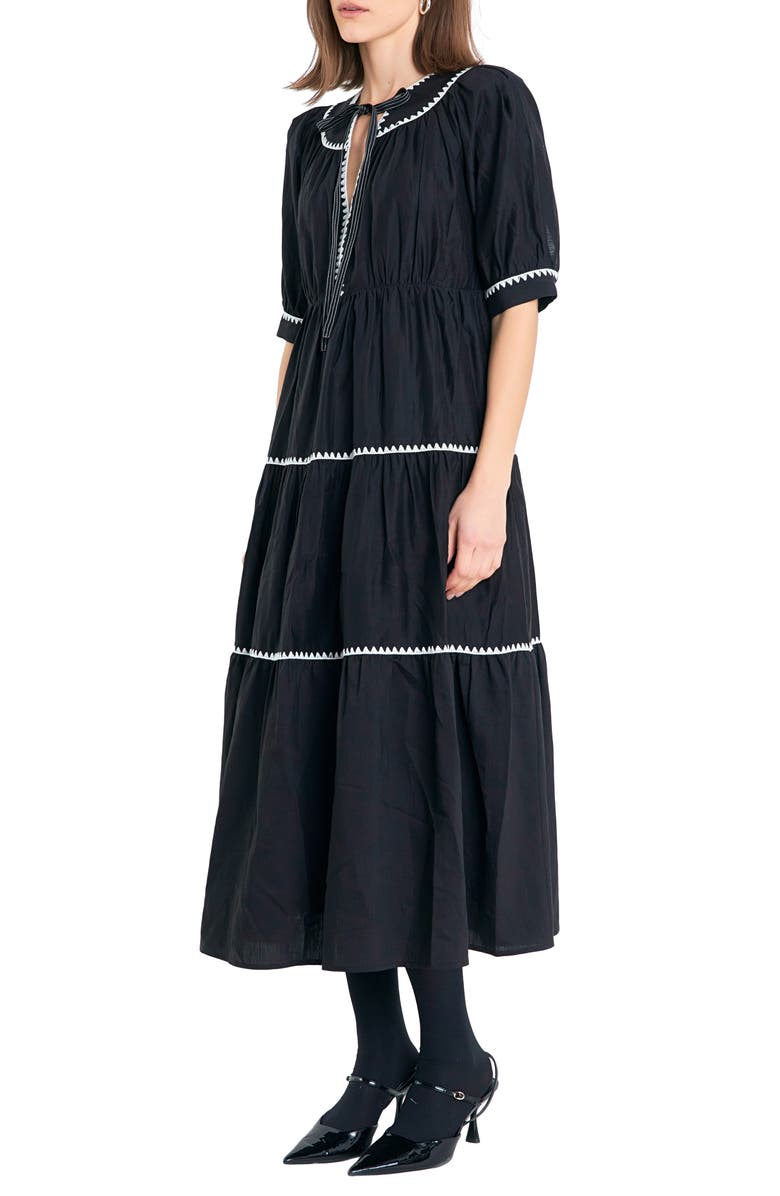 English Factory Embroidered Puff Sleeve Tiered Midi Dress, Alternate, color, Black/ White