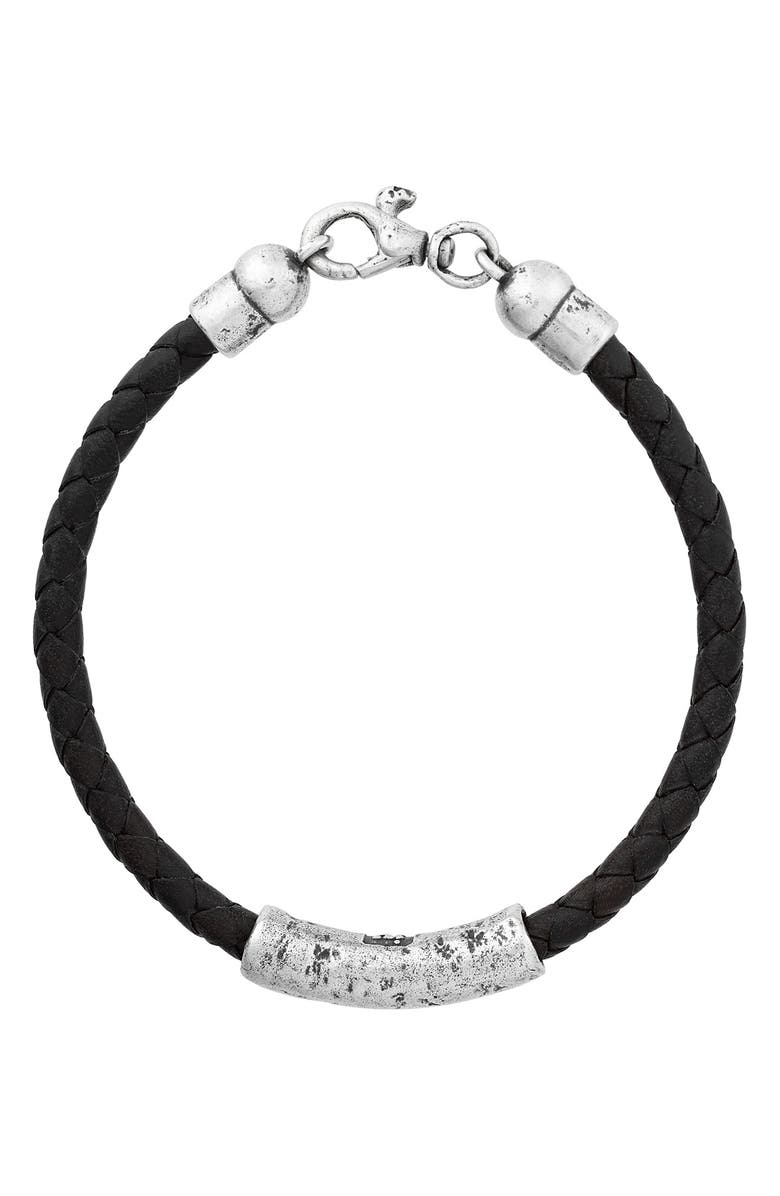 John Varvatos Artisan ID Bar Woven Leather Bracelet, Main, color, Silver