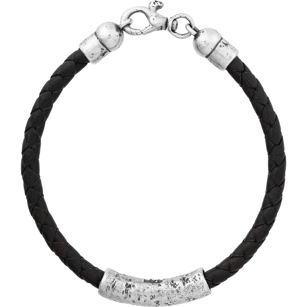 John Varvatos Artisan Id Bar Woven Leather Bracelet In Silver