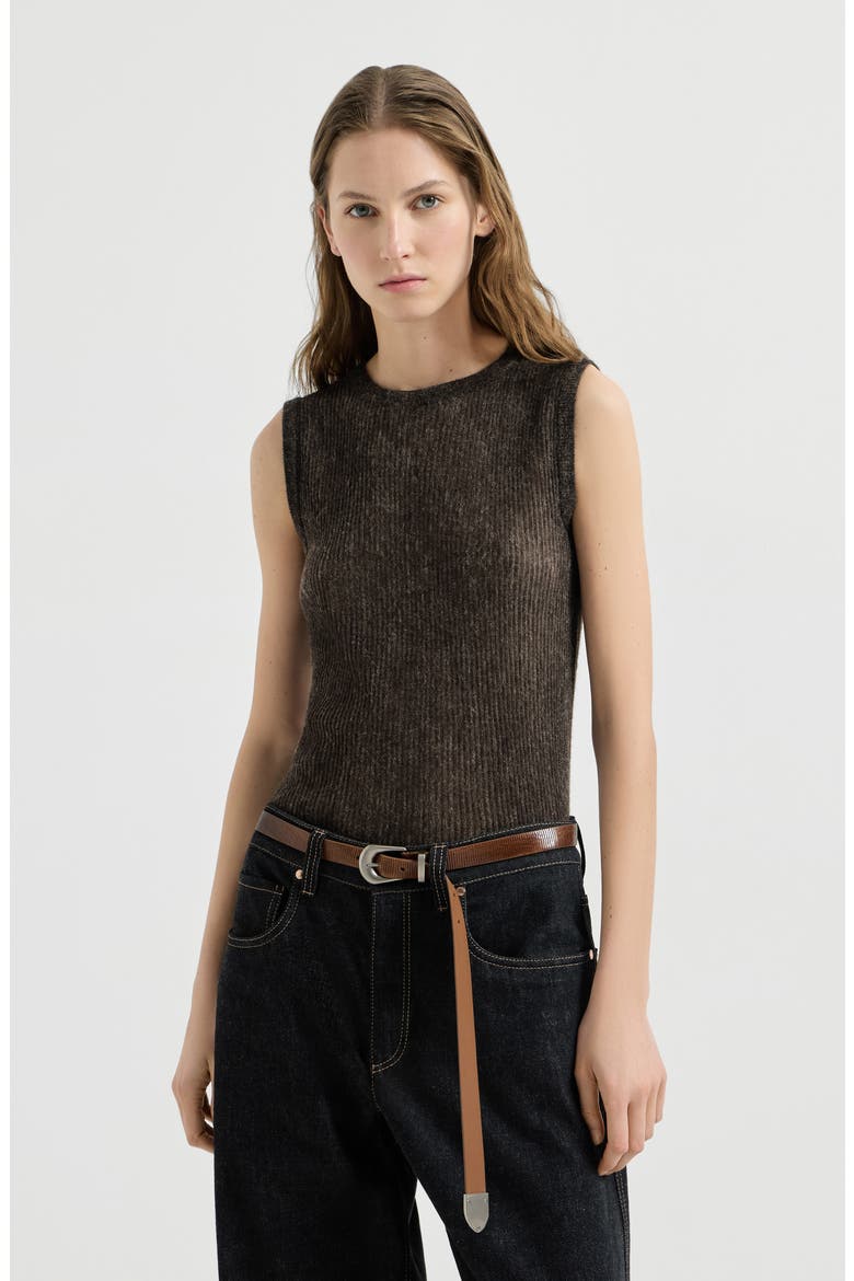 Sparkling silk, alpaca and wool rib knit top, Main, color, Anthracite