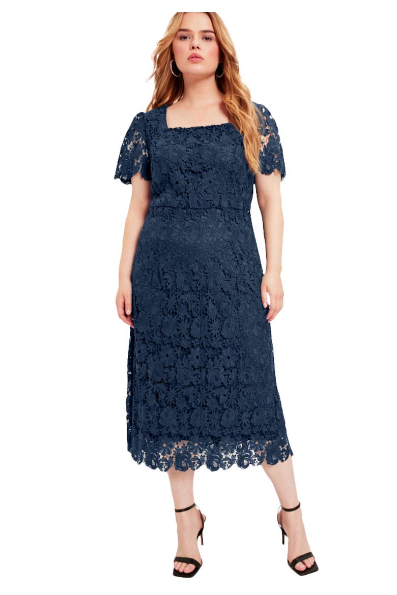 Square Neck Lace Midi Dress (plus), Main, color, NAVY