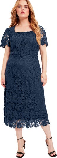 knee length dresses for ladies Plus Size Scroll Lace Midi Dress With Three Quarter Sleeves In Ivory N main image 0