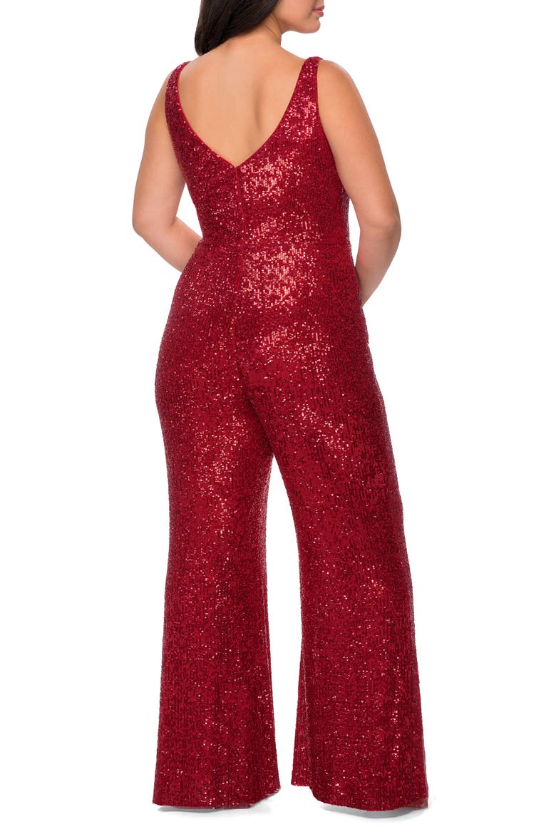 Sequin Plus SIze Jumpsuit with Plunging Neckline, Alternate, color, Red