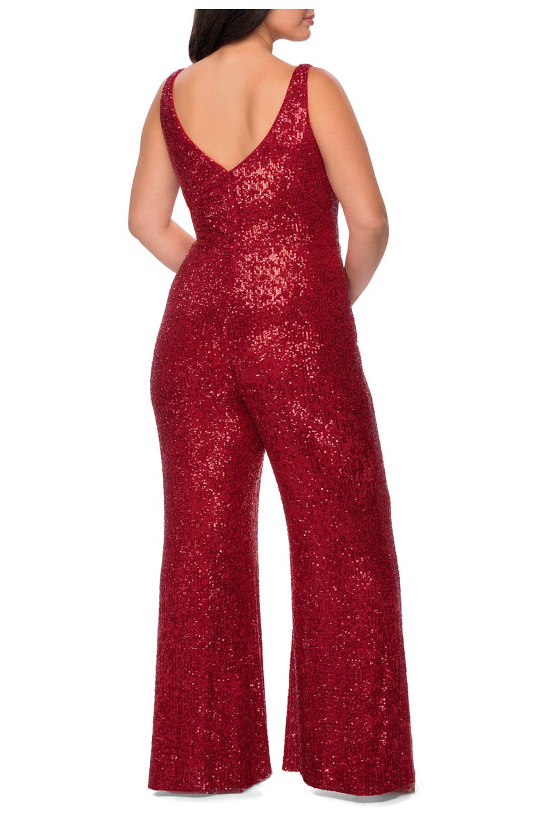 La Femme Sequin Plus SIze Jumpsuit with Plunging Neckline, Alternate, color, Red