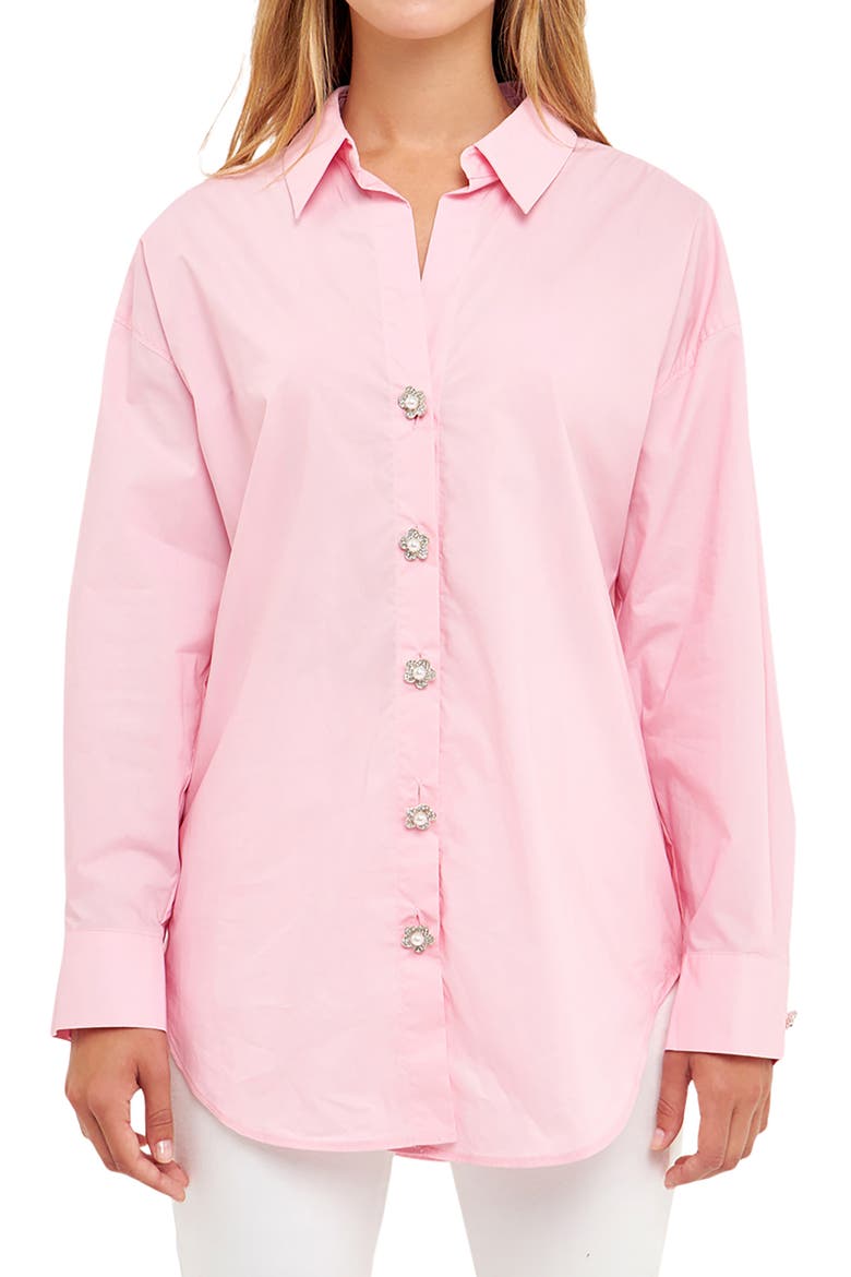 Imitation Pearl Button-Up Cotton Shirt, Alternate, color, PINK