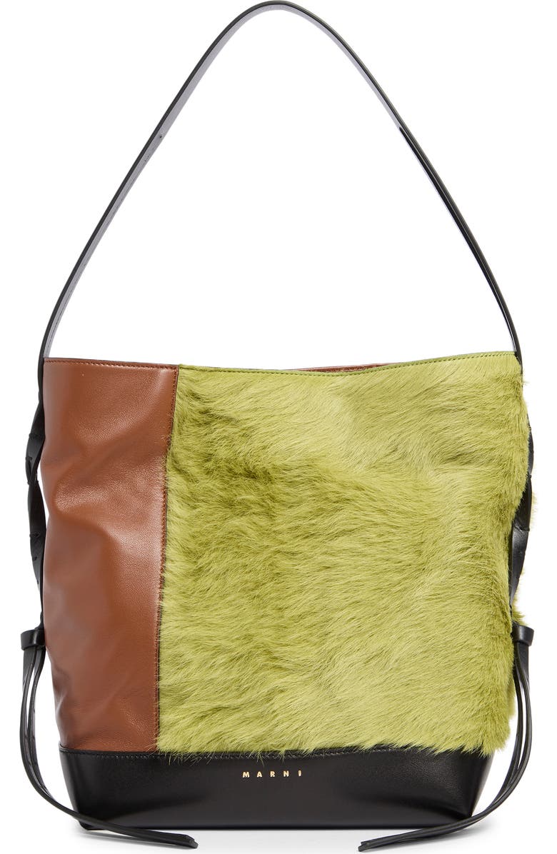 Marni Small Leather & Genuine Calf Hair Hobo Bag, Main, color, Zp051 Citronelle/ Moca/ Black