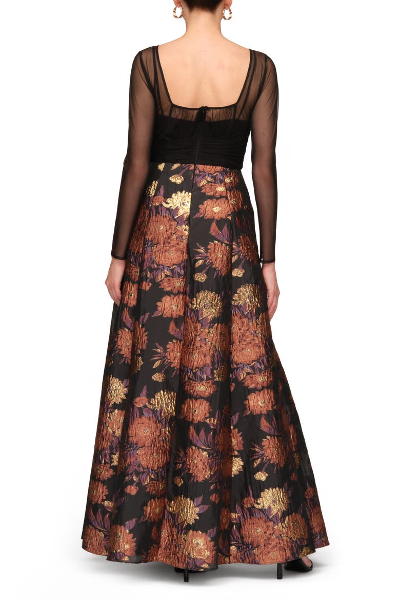 Yuna Long Sleeve Mixed Media Metallic Floral Jacquard Gown, Alternate, color, BLACK MULTI