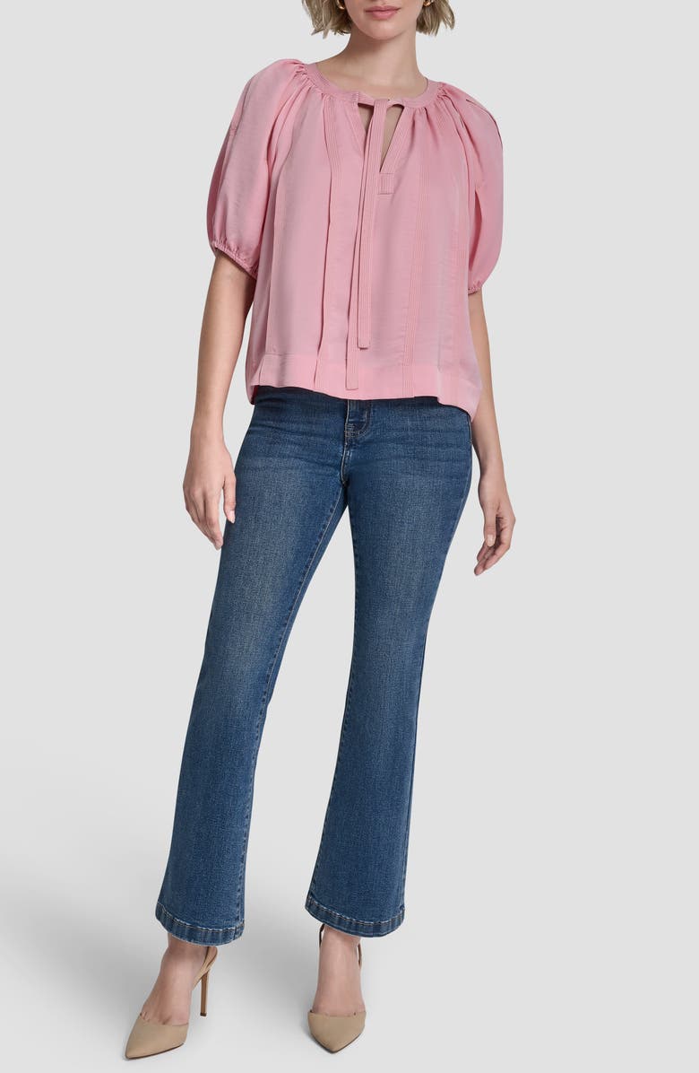 DKNY Puff Sleeve Contrast Stitch Tie Front Top, Alternate, color, Bloom Pink