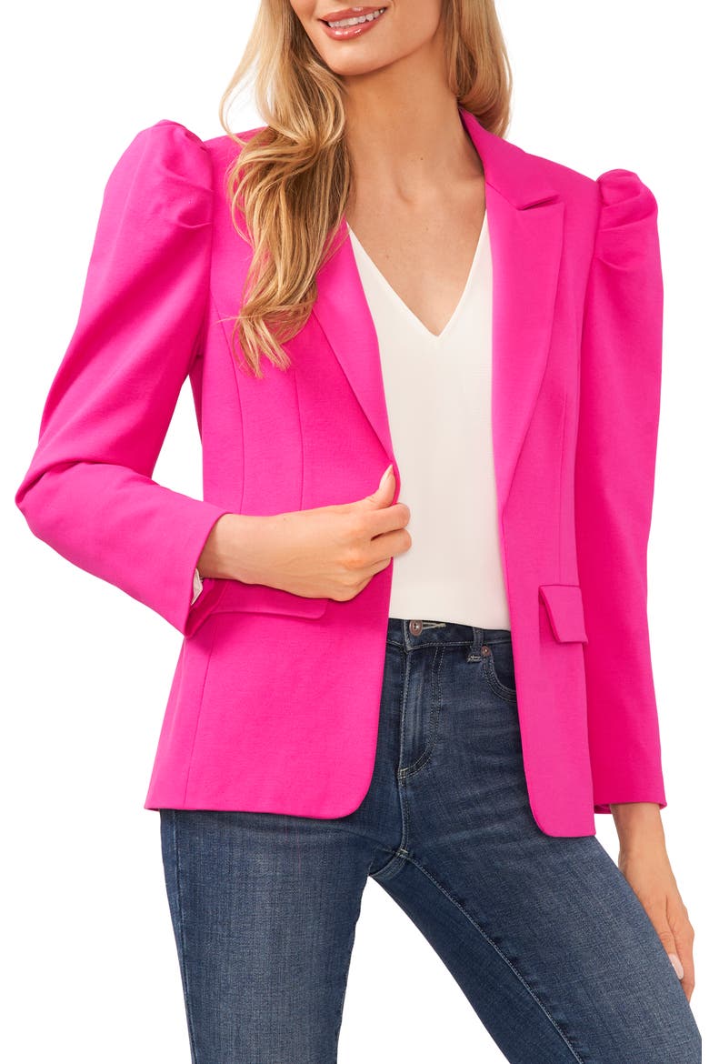 Puff Shoulder Open Front Ponte Blazer, Main, color, GARDEN ROSE