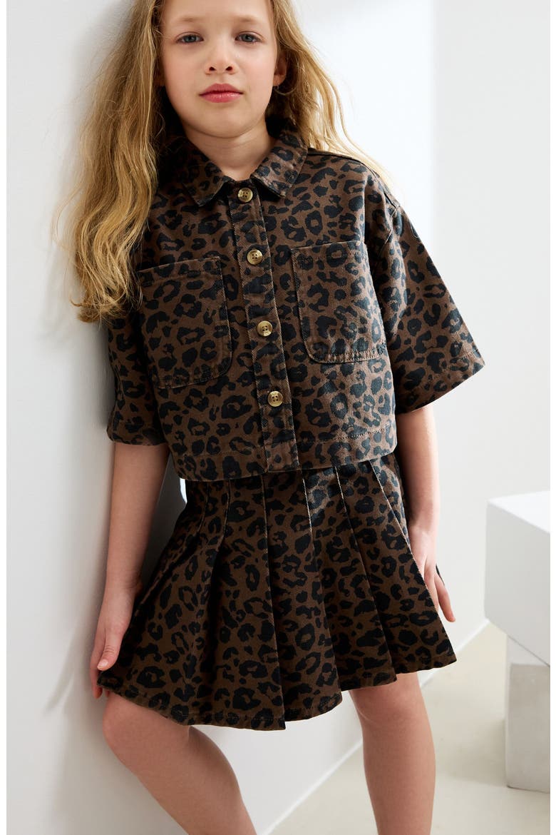 Kids' Leopard Print Cotton Shacket & Skirt Set, Alternate, color, LEOPARD