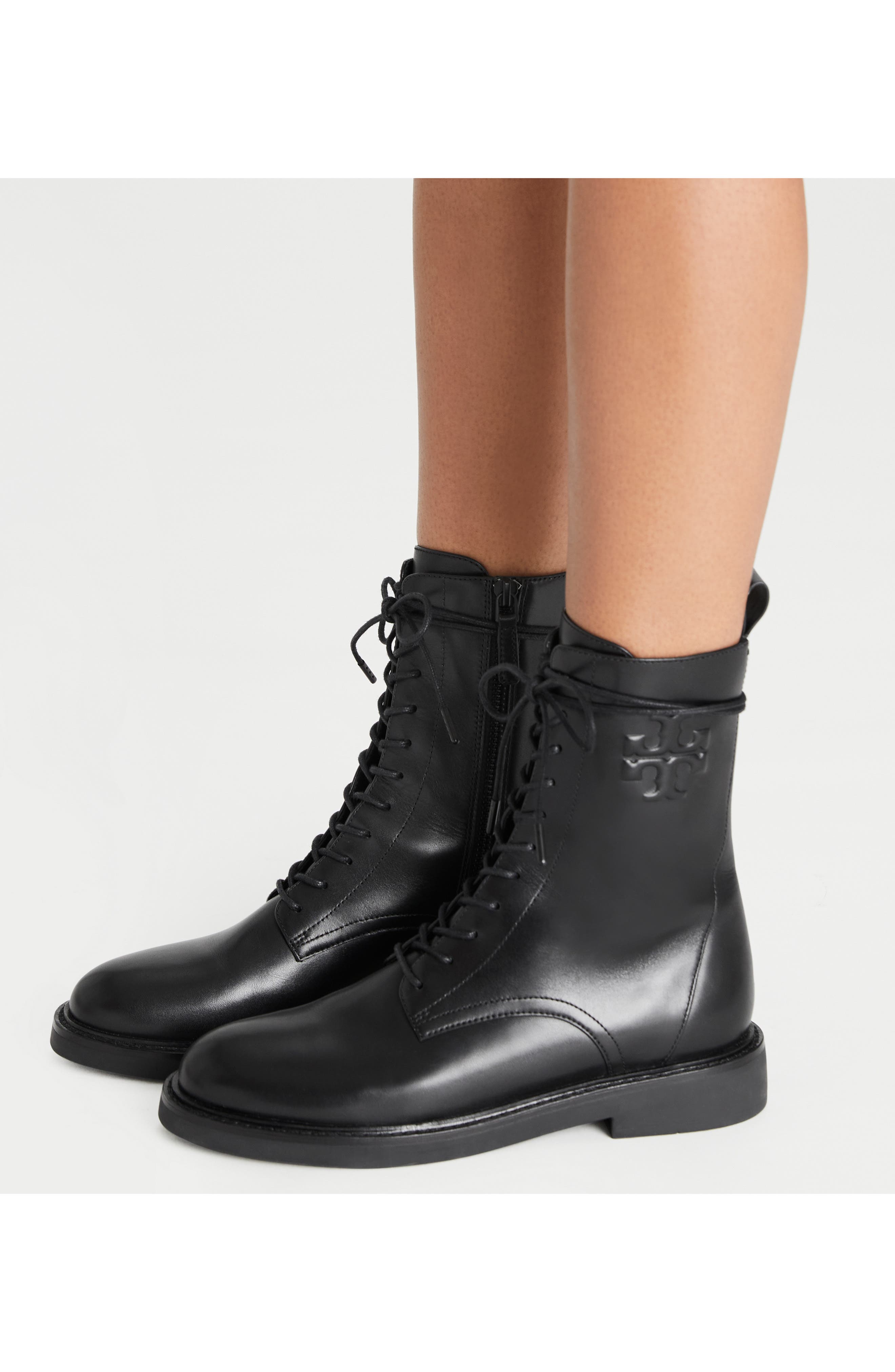 Tory Burch Double-T Croc Embossed Combat Boot, Alternate, color, Perfect Black