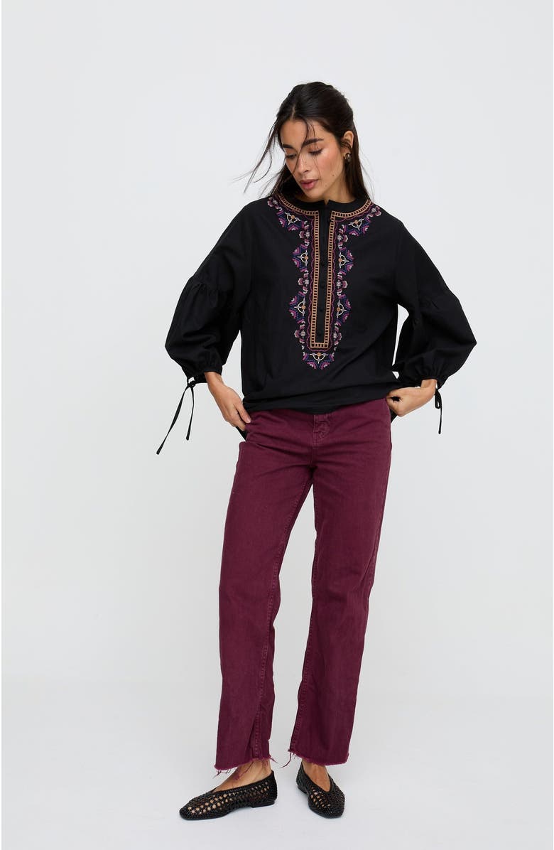 Raffya Anai Half Placket Embroidered Blouse, Alternate, color, Black