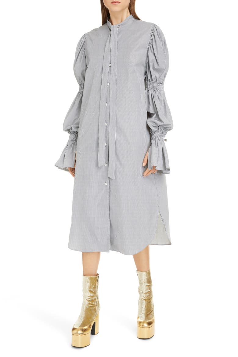 Doves Pinstripe Long Sleeve Shirtdress, Main, color, BLACK