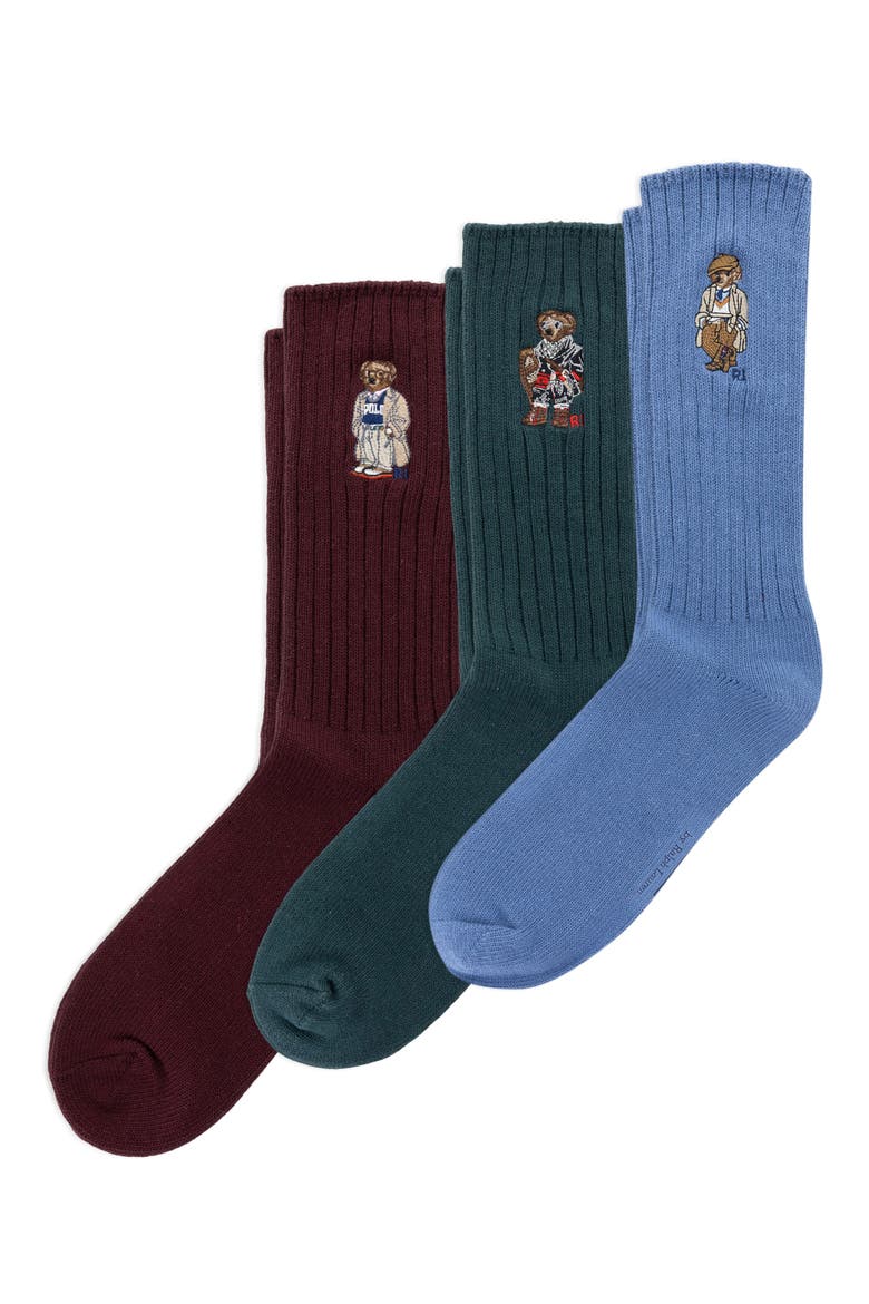 Embroidered Bears Assorted 3-Pack Cotton Blend Crew Socks Gift Box, Main, color, WINE/ GREEN/ BLUE ASSORTED