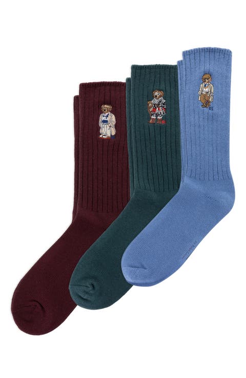 Embroidered Bears Assorted 3-Pack Cotton Blend Crew Socks Gift Box