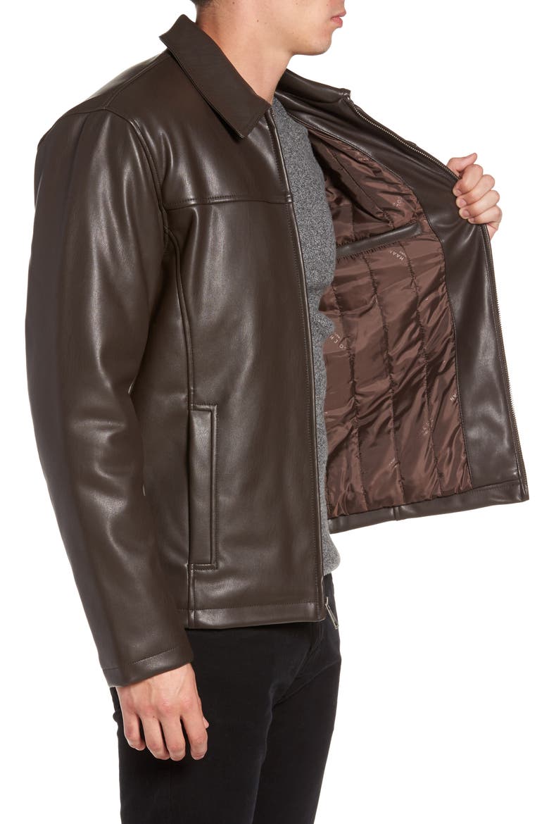 Cole Haan Collared Open Bottom Faux Leather Jacket, Alternate, color, DARK BROWN