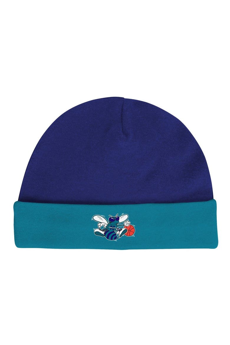 Infant Mitchell & Ness Purple/Teal Charlotte Hornets Hardwood Classics Bodysuits & Cuffed Knit Hat Set, Alternate, color, Purple