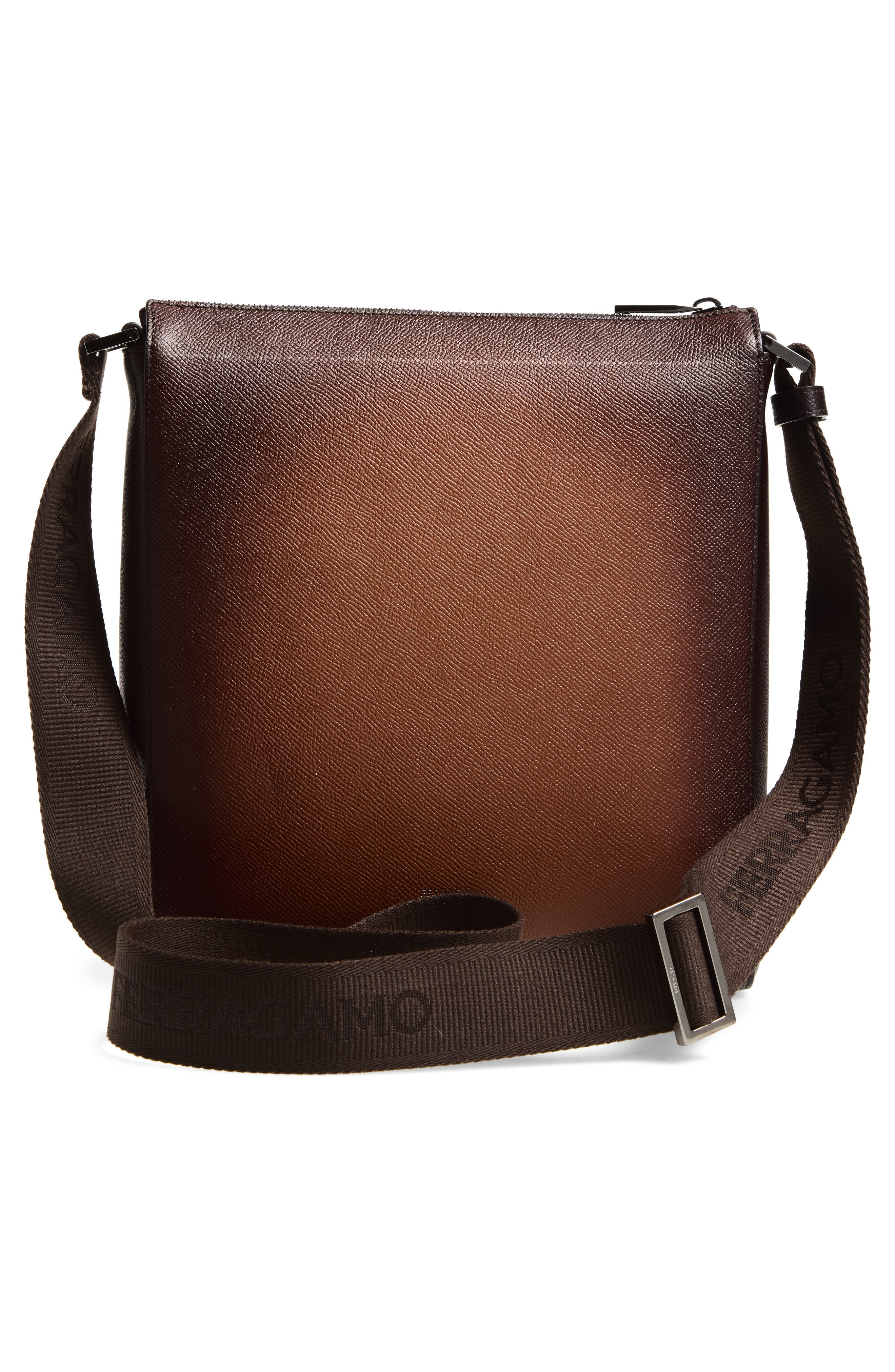 FERRAGAMO Trading Gancio Leather Crossbody Case, Alternate, color, New Cognac Testa Di Moro Dark