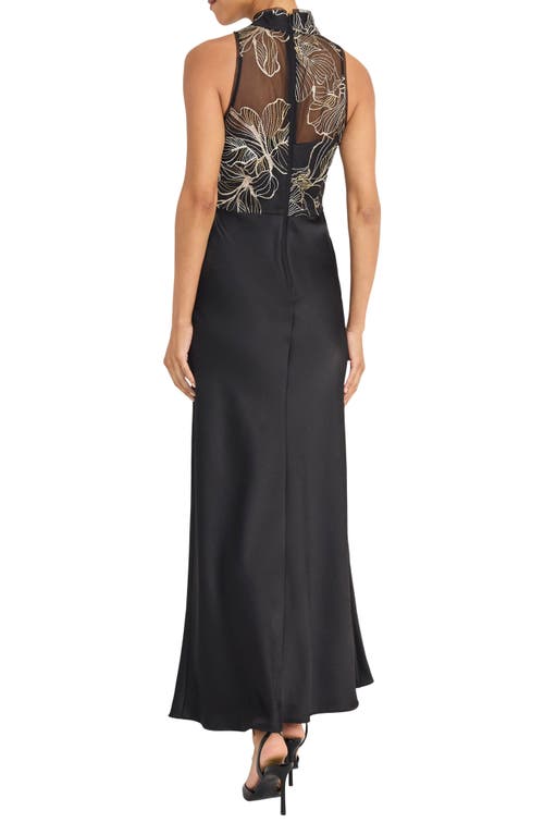 Maggy London Metallic Embroidery Mixed Media Gown In Black