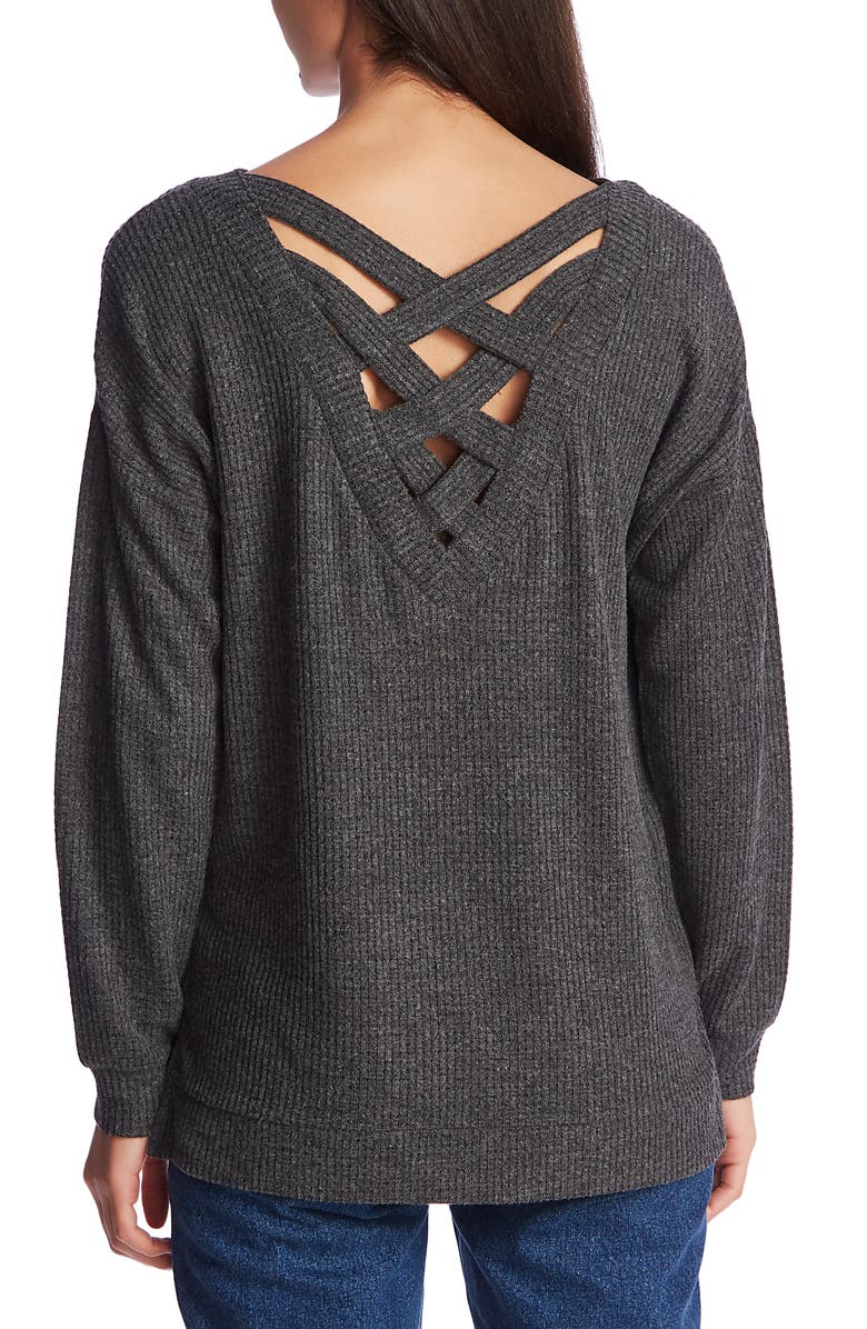 1.STATE Lattice V-Back Waffle Weave Sweater, Alternate, color, 