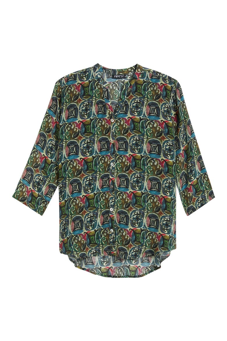 Mandarin Collar Button-Up Shirt, Main, color, MOSS/GARNET MULTI