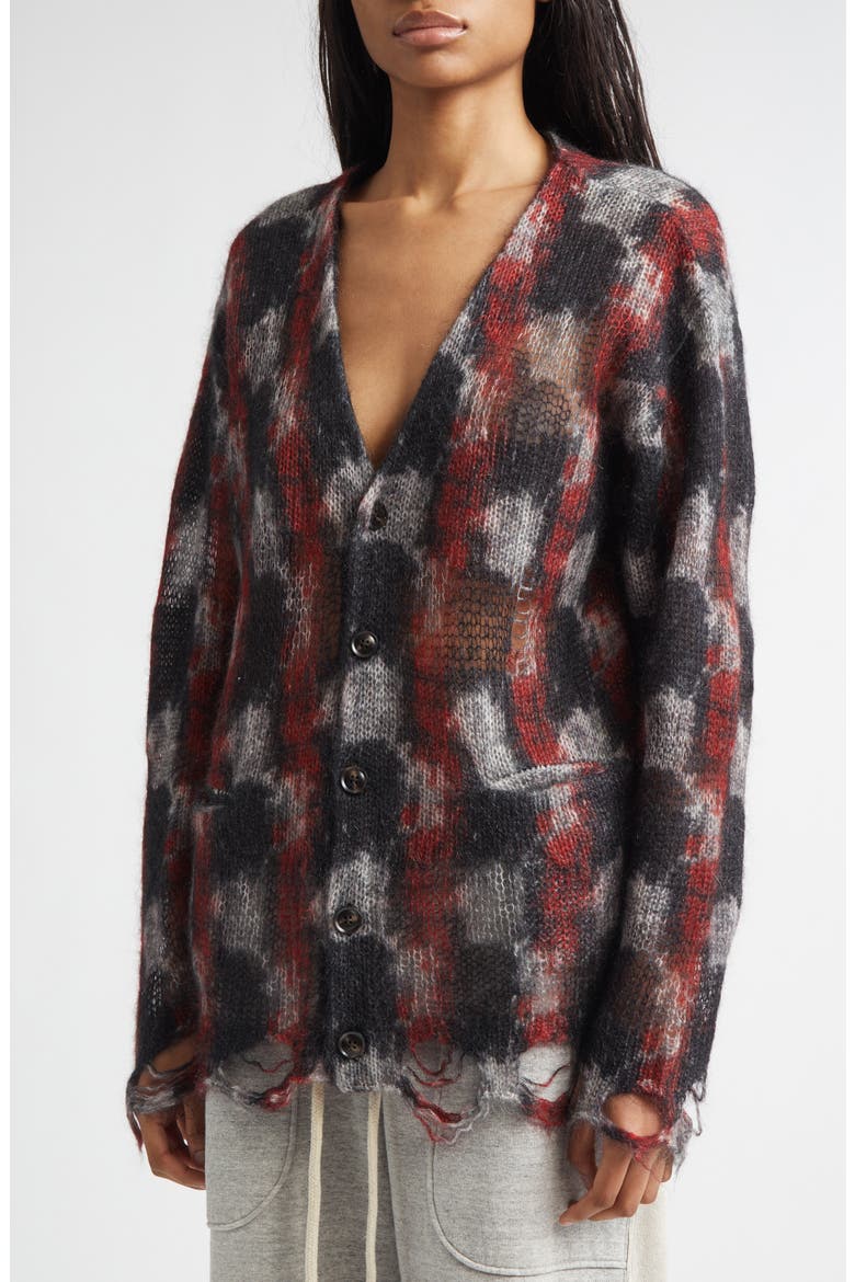 Distressed Kid Mohair & Merino Wool Blend Boyfriend Cardigan, Alternate, color, RED/ BLACK/ WHITE