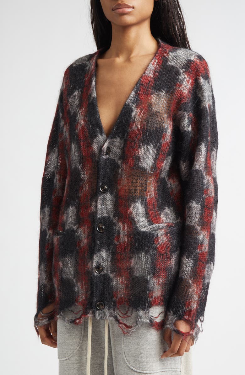 R13 Distressed Kid Mohair & Merino Wool Blend Boyfriend Cardigan, Alternate, color, Red/ Black/ White