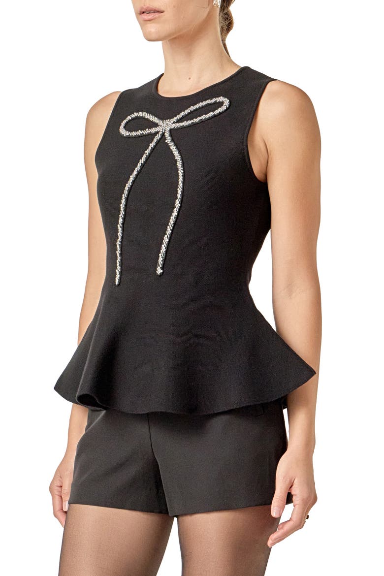 Rhinestone Bow Sleeveless Peplum Top, Alternate, color, BLACK