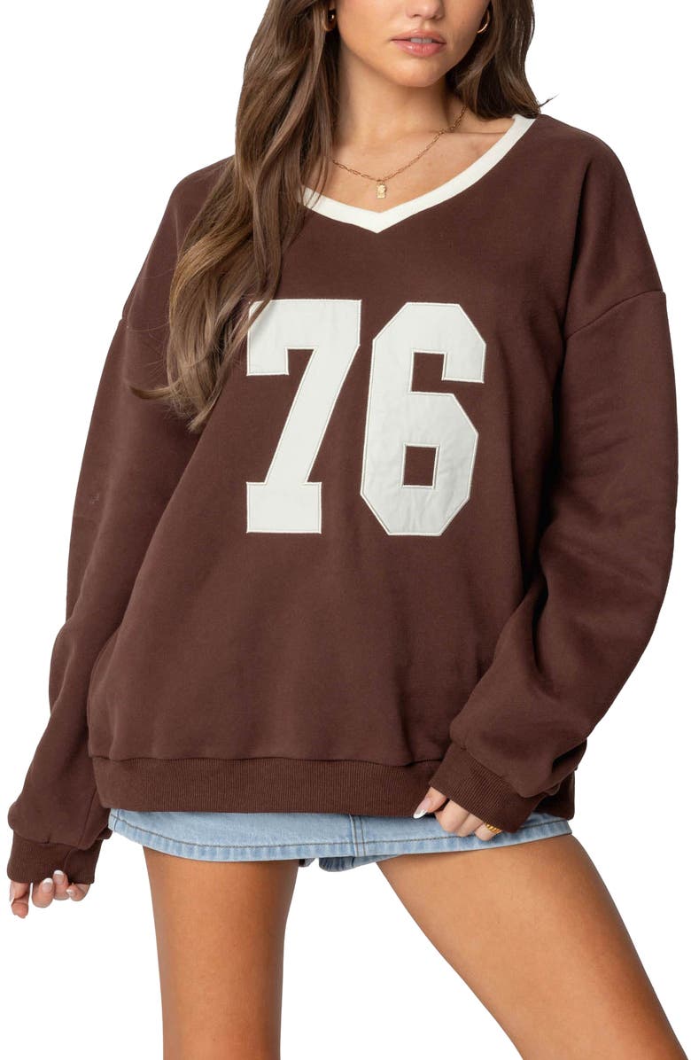 EDIKTED 76 Oversize V-Neck Sweatshirt, Main, color, Brown