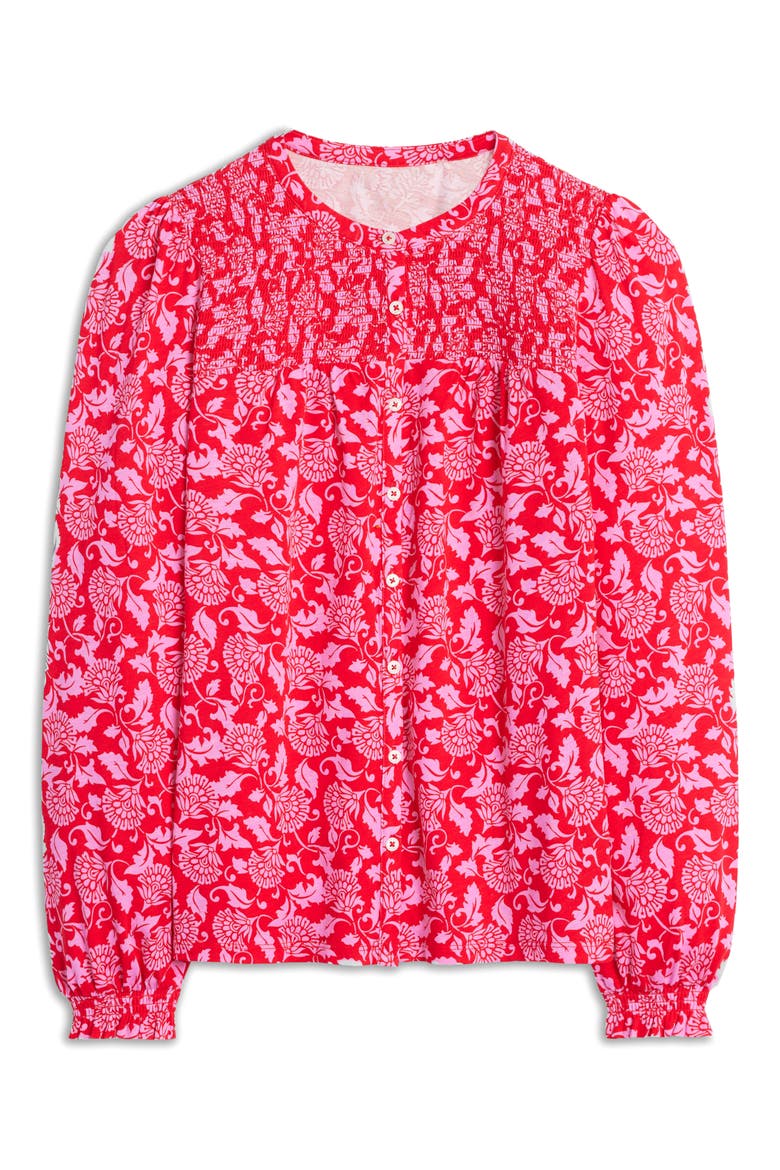 Elsa Smocked Yoke Cotton Blend Jersey Button-Up Shirt, Alternate, color, POPPY RED, ORNATE VINE