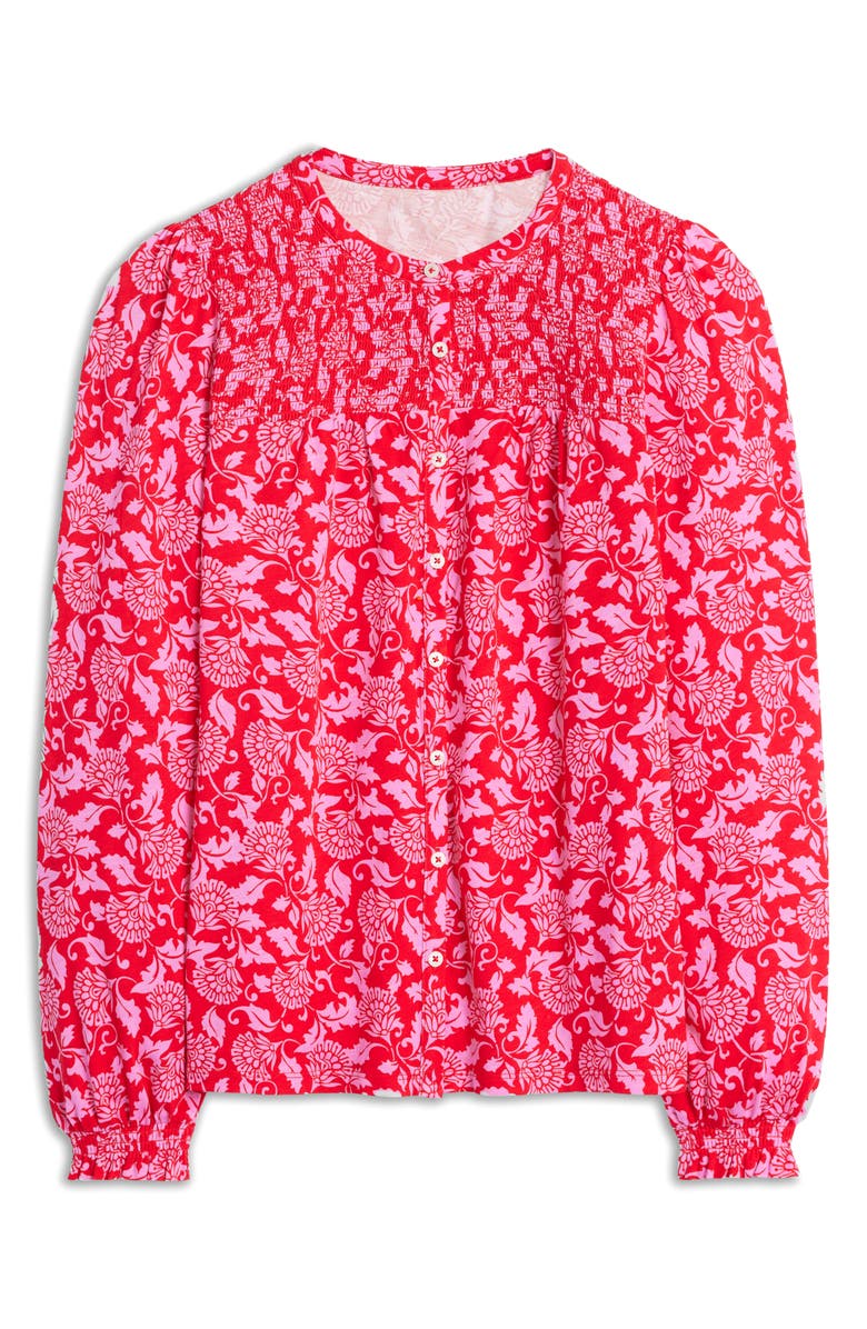 Boden Elsa Smocked Yoke Cotton Blend Jersey Button-Up Shirt, Alternate, color, Poppy Red, Ornate Vine