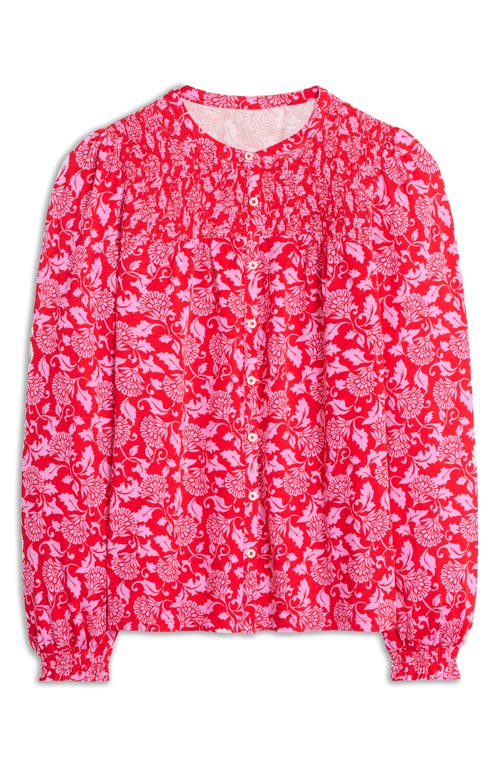 Boden Elsa Smocked Yoke Cotton Blend Jersey Button-up Shirt In Pink