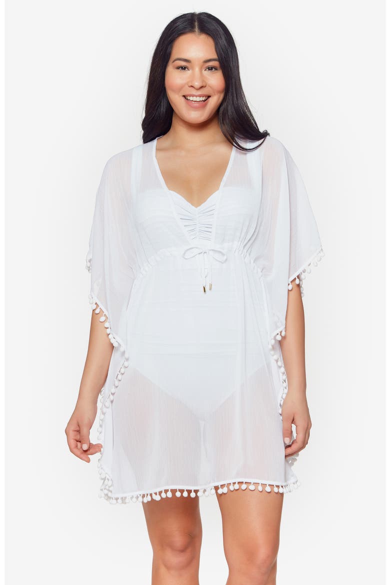 Gypset Pompom Sheer Cover-Up Caftan, Alternate, color, WHITE