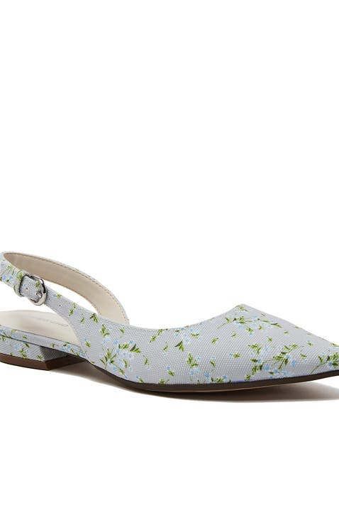 Floral Linen Slingback Low Heels