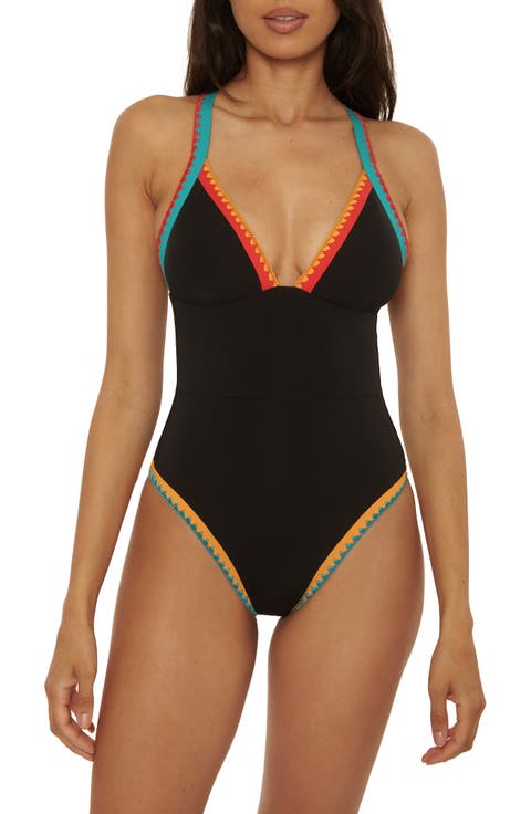 Avila Embroidered Trim Colorblock Binding One-Piece Swimsuit