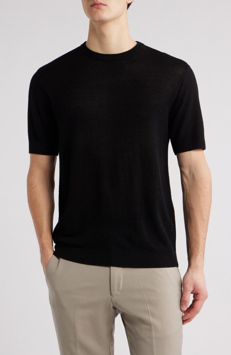 Emporio Armani Textured Dot Short Sleeve Crewneck Sweater, Main, color, Solid Black