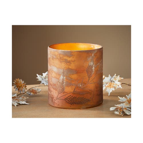 Tag Gold Cut Burnished Leaf Hurricane Candle Holder Elegant Glass In Gold