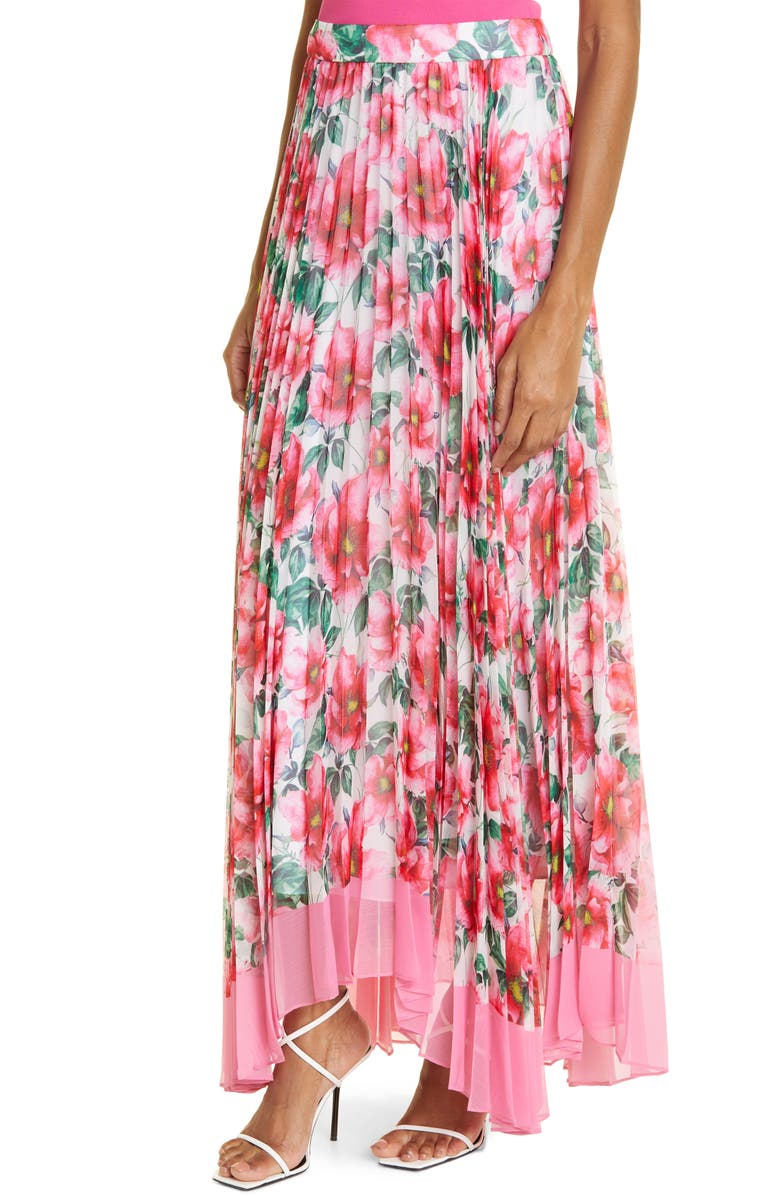 Alice + Olivia Katz Floral Sunburst Pleated Maxi Skirt, Alternate, color, 