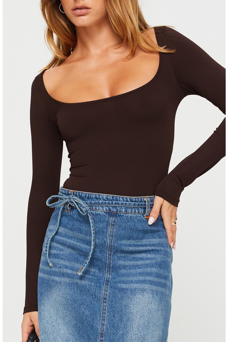 Ellery Wide Scoop Neck Long Sleeve Bodysuit, Main, color, BROWN