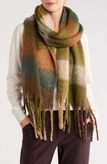 Steve Madden Brushed Plaid Blanket Scarf In Green