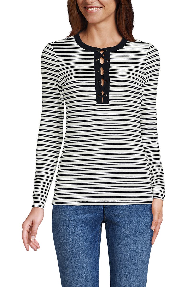 Lands' End Polished Rib Tie Henley Top, Main, color, Black Dual Stripe
