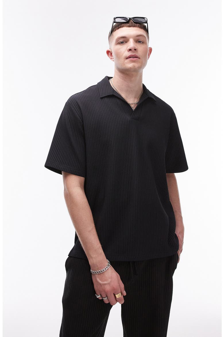 Plissé Short Sleeve Polo Shirt, Main, color, BLACK