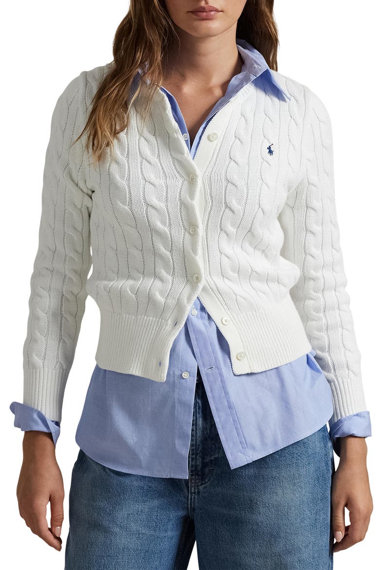 Cable Knit Cotton Cardigan, Main, color, WHITE