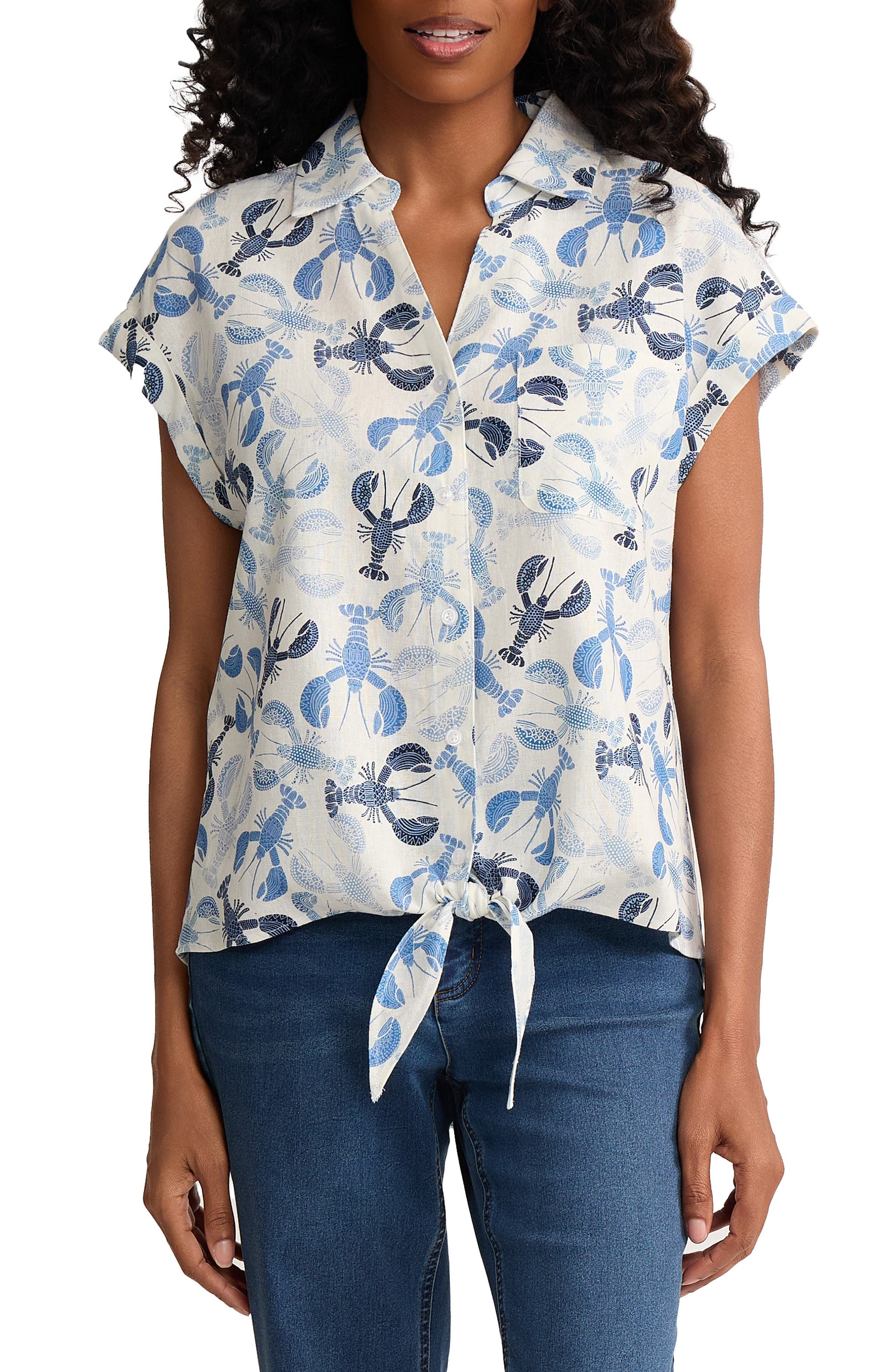 Lobster Print Tie Front Shirt