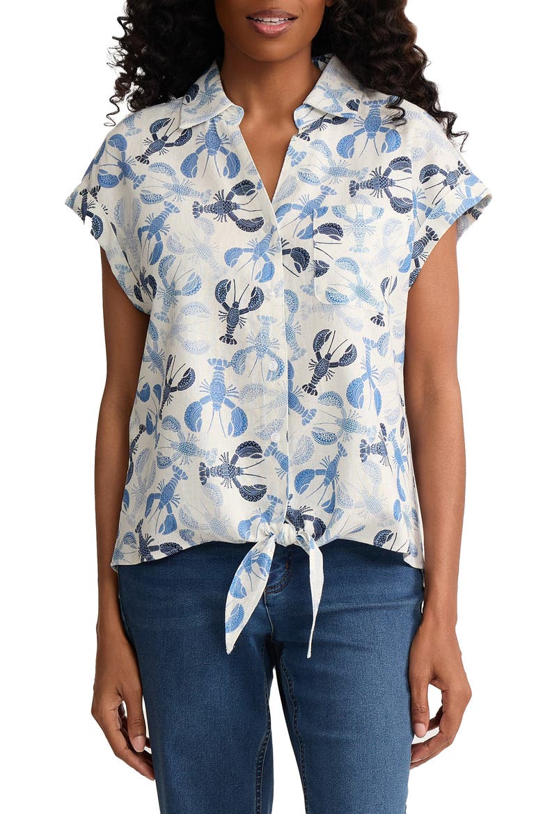 Lobster Print Tie Front Shirt, Main, color, NATURAL WHITE MULTI
