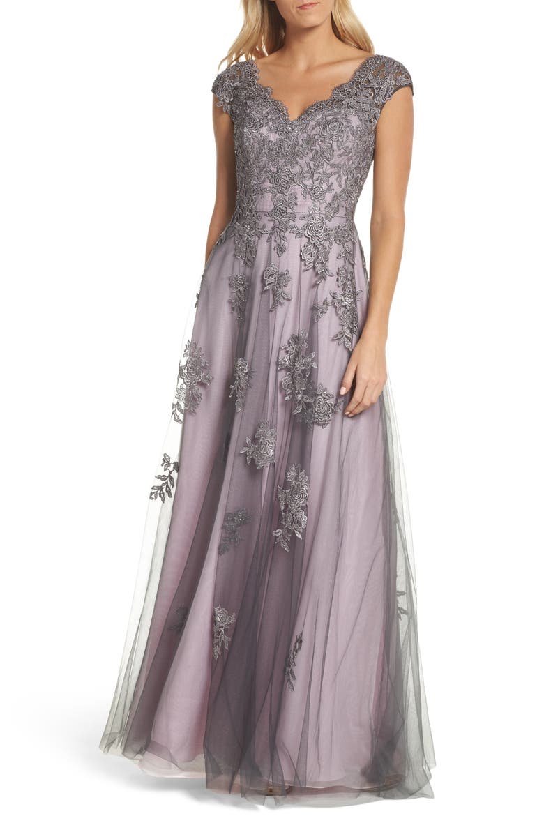 Embellished Mesh A-Line Gown, Main, color, PINK/ GRAY