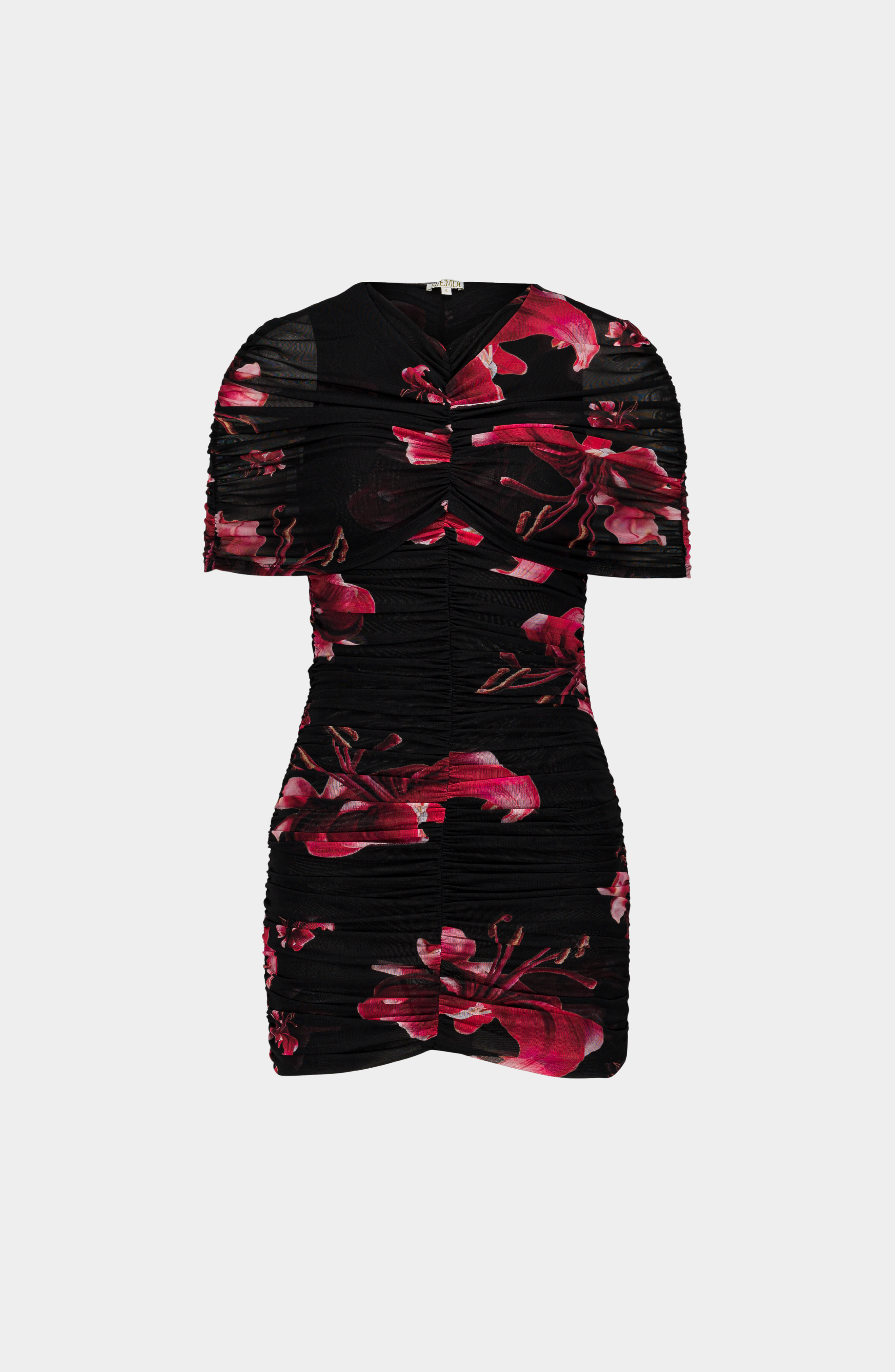 Draped Floral Mini Mesh Dress