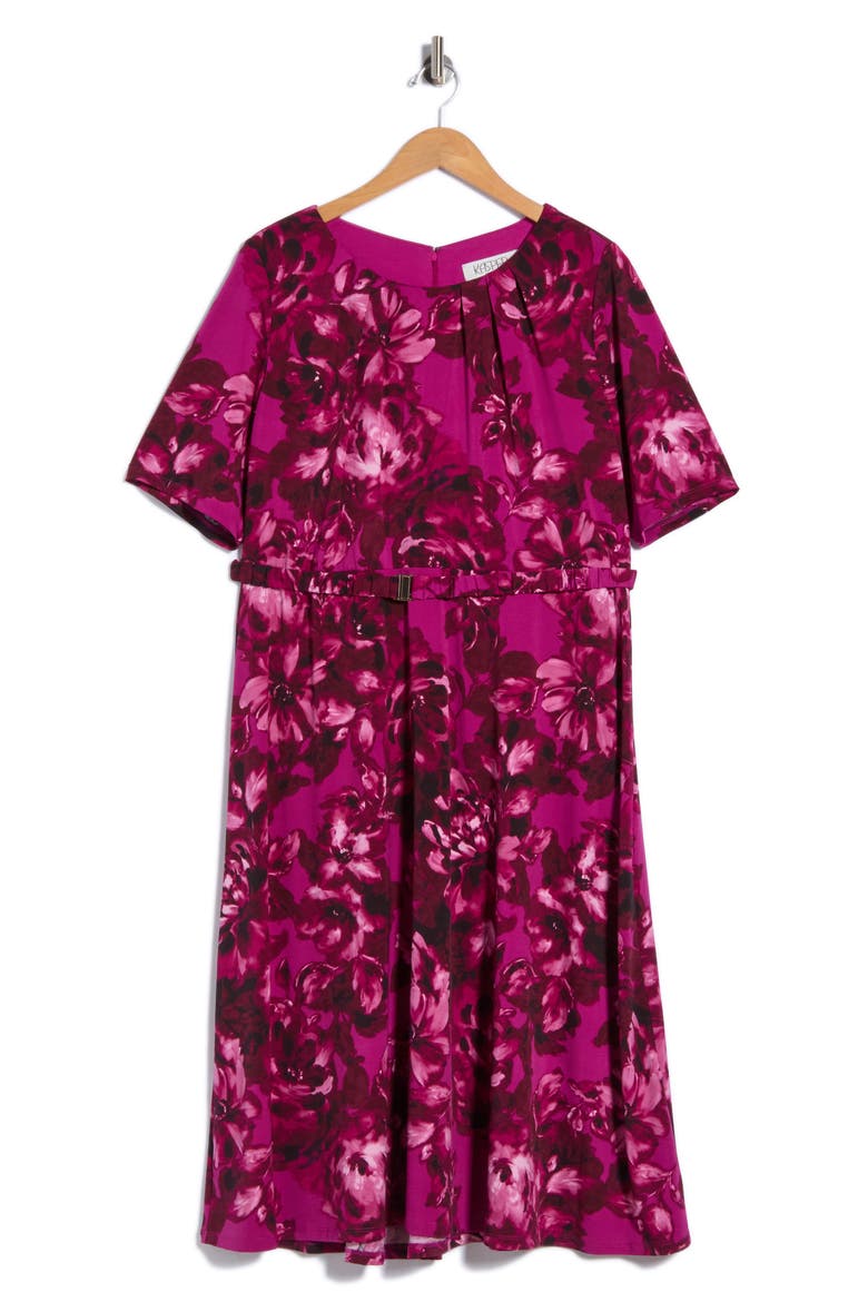 Belted Pleated Neck Fit & Flare Dress, Main, color, CERISE MULTI