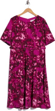 KASPER Belted Pleated Neck Fit & Flare Dress